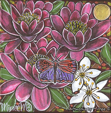 Triple Lotus with flowers and Copperwing Butterfly Framed Canvas Print by Mirree Contemporary Aboriginal Art